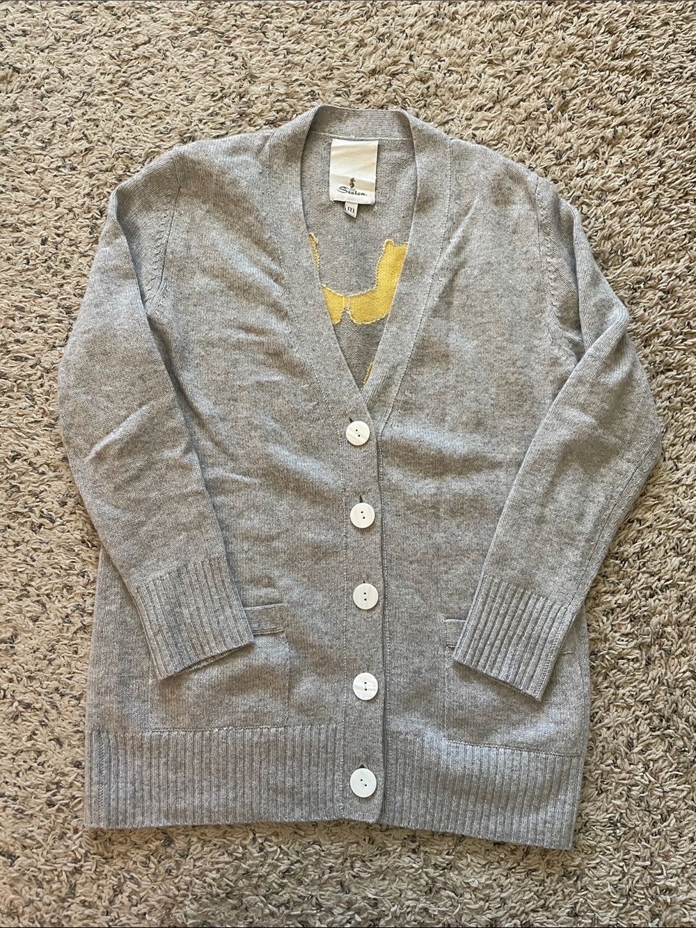 Women's Gray Button-Front Cashmere Cardigan with Yellow Detail